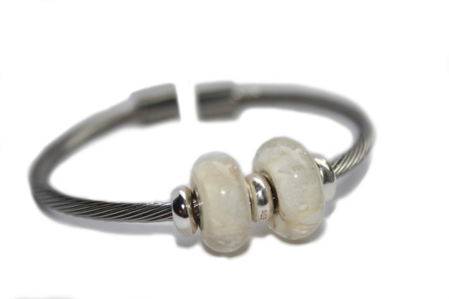 Armband RVS met 925 stoppers en 2 grootgat kralen Ivoor